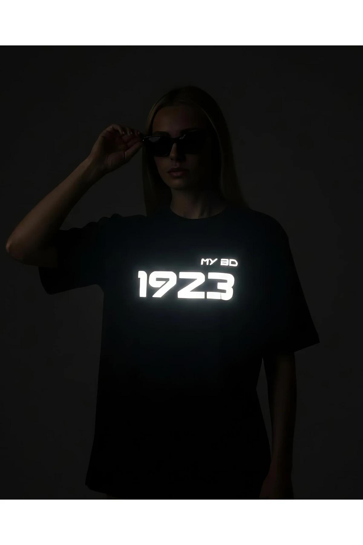 MY BD 1923 Reflektörlü Oversize Tişört Ön Baskılı Siyah