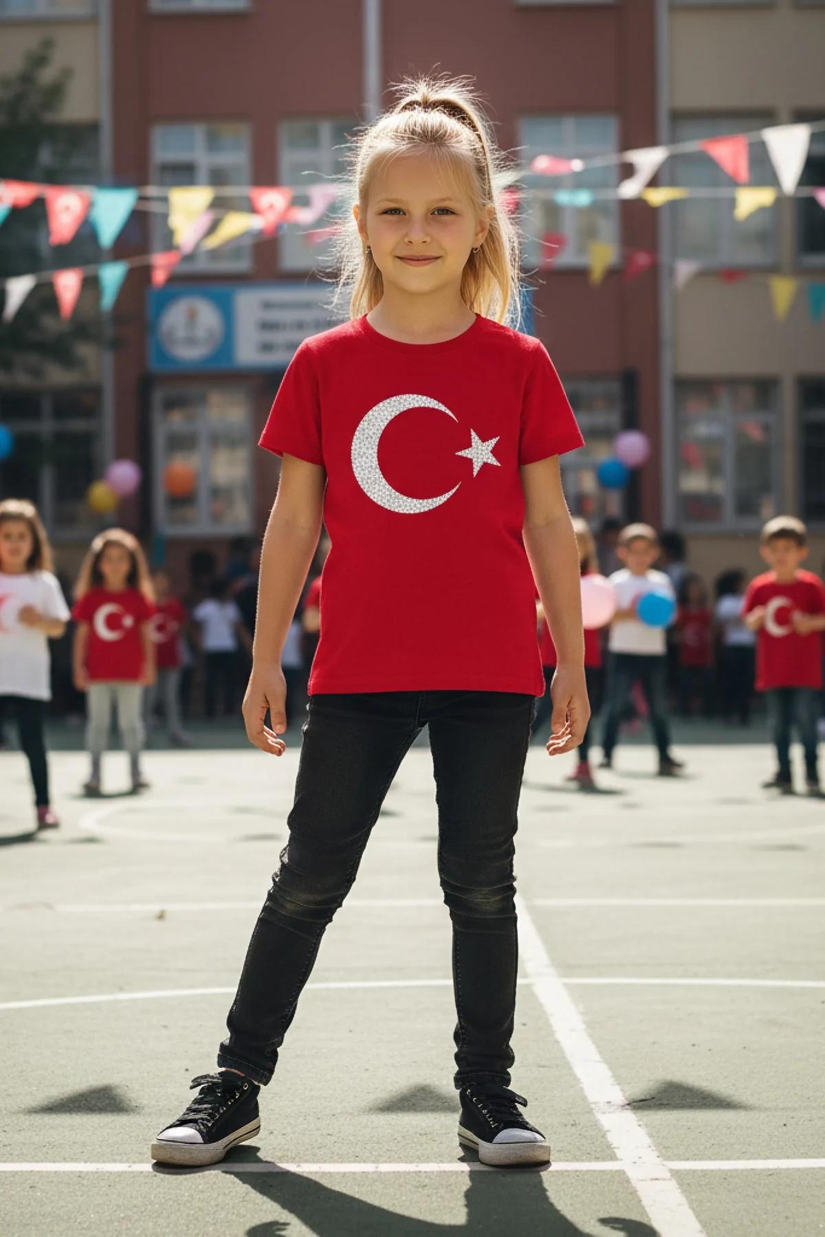Kırmızı pamuklu çocuk tişörtü göğsündeki taş tarzı reflektör hilal yıldız baskısının yakın çekimi