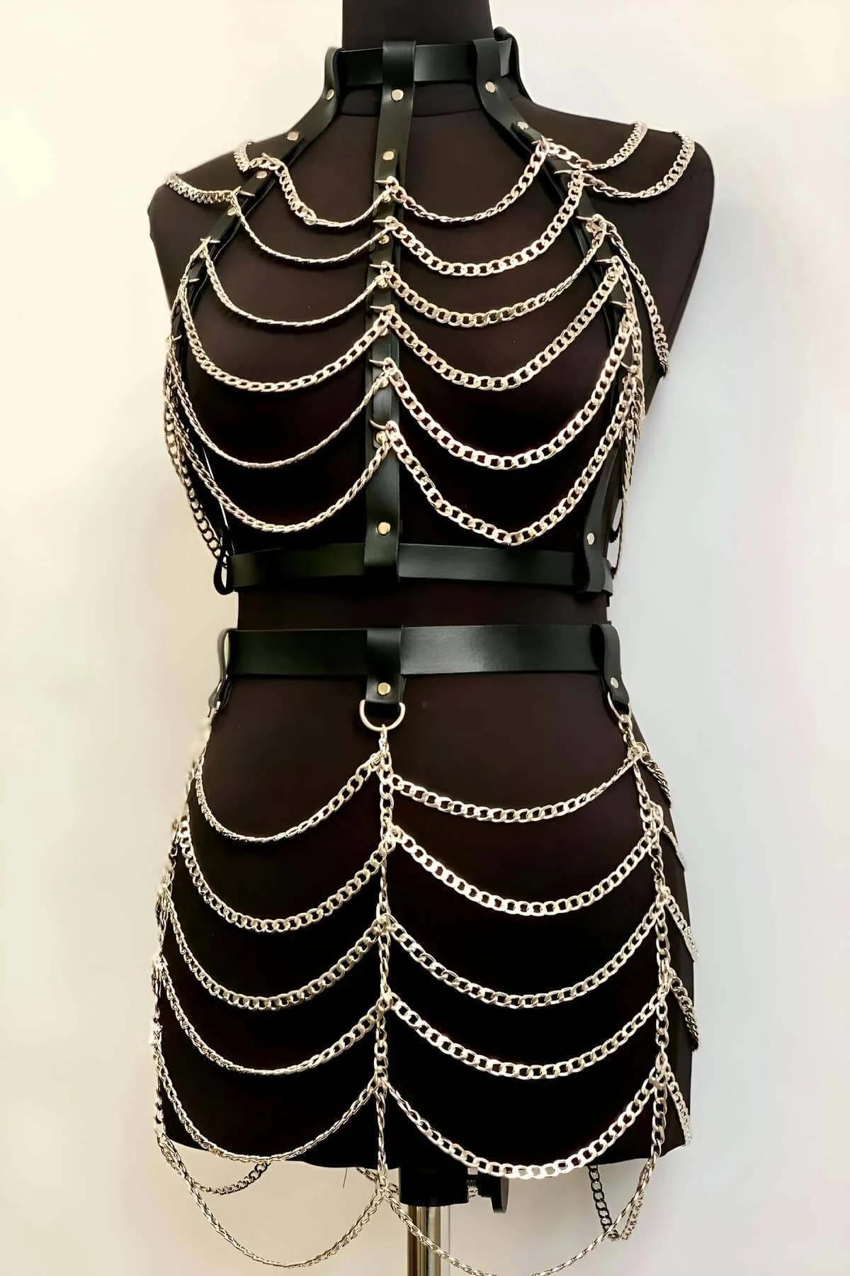 Zincirli Crop ve Etek Harness Alt Üst Takım, Festival Sahne Giysileri - APFT1006