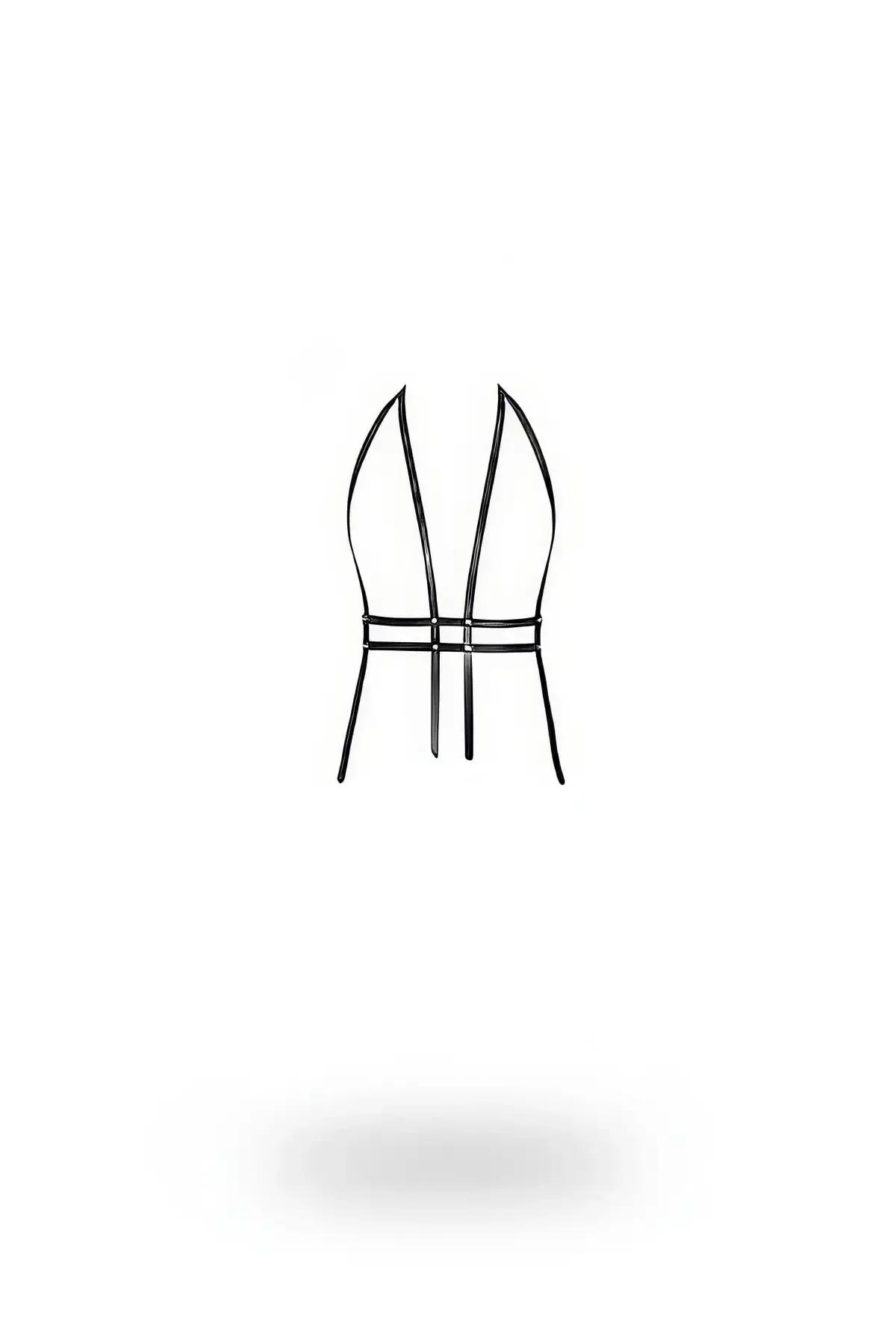 Açık V-yaka çerçeve ve çift yatay bel bantlarıyla siyah suni deri minimalist göğüs ve bel harness