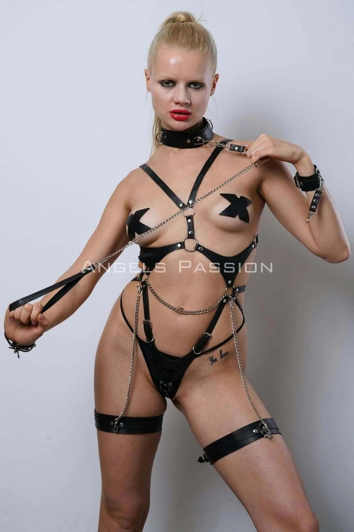 Tasmalı Deri Fantezi Giyim, Deri Kadın İç Giyim, Partywear - APFT1225