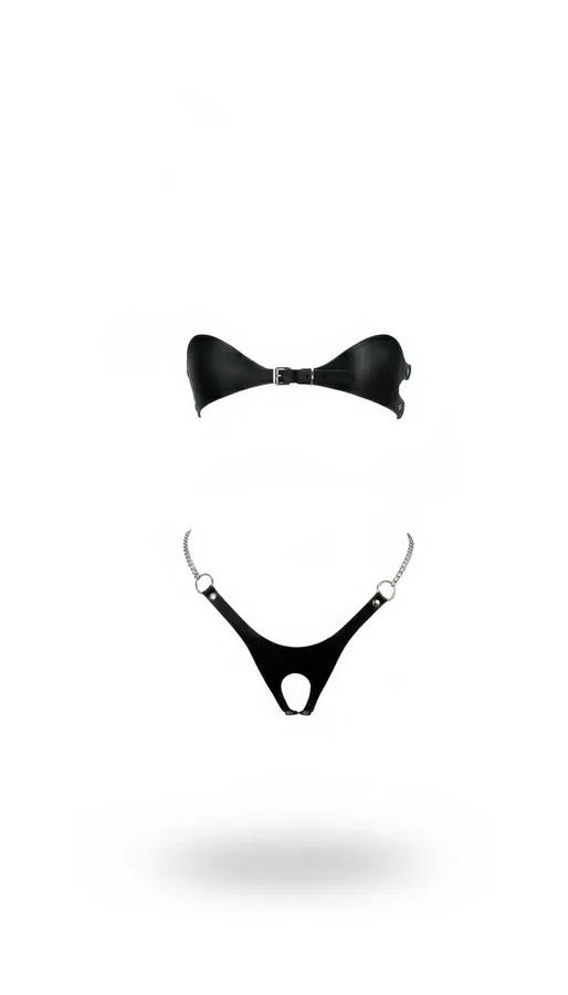 Gümüş merkez tokalı ve gümüş zincir bel bandı O-halkalı açık tanga ile siyah suni deri straplez harness sütyen