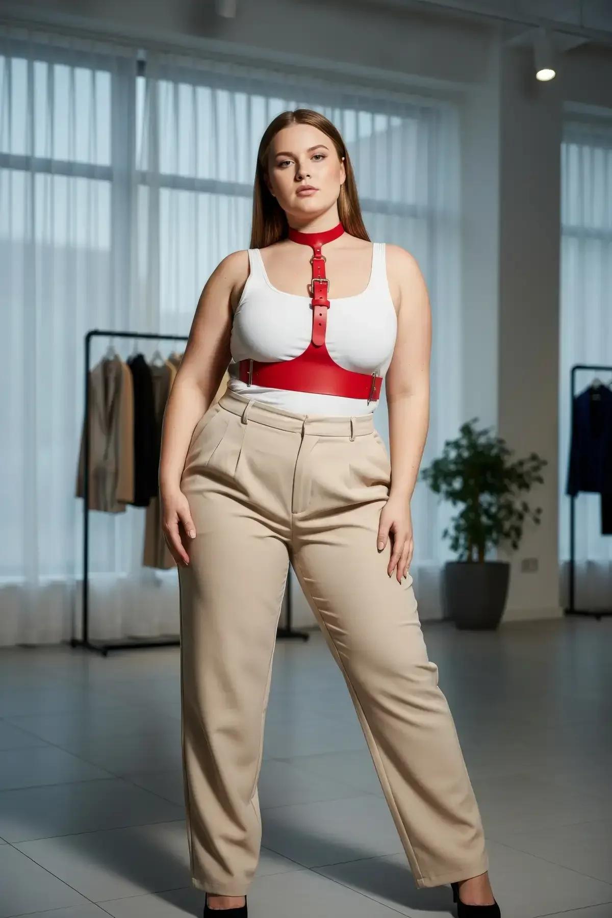 Bodysuit üzerinde 7 cm bant genişliğini gösteren kırmızı vegan deri göğüs altı harness