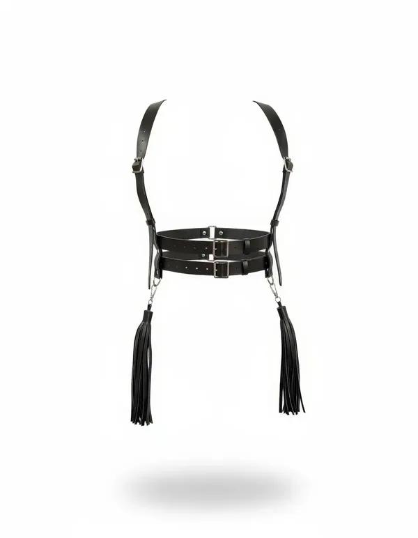 Siyah suni deri çift tokalı bel harness - çıkarılabilir püskül zincirleri gümüş kalça D-halkasından