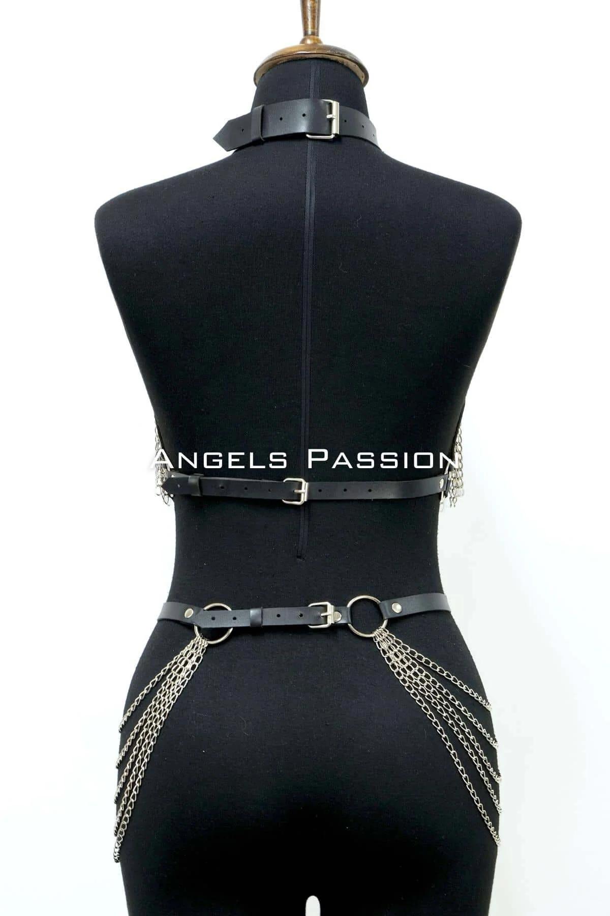 Zincirli Deri Harness, Deri Dansçı Kostüm, Choker Detaylı Deri Harness - APFT1397