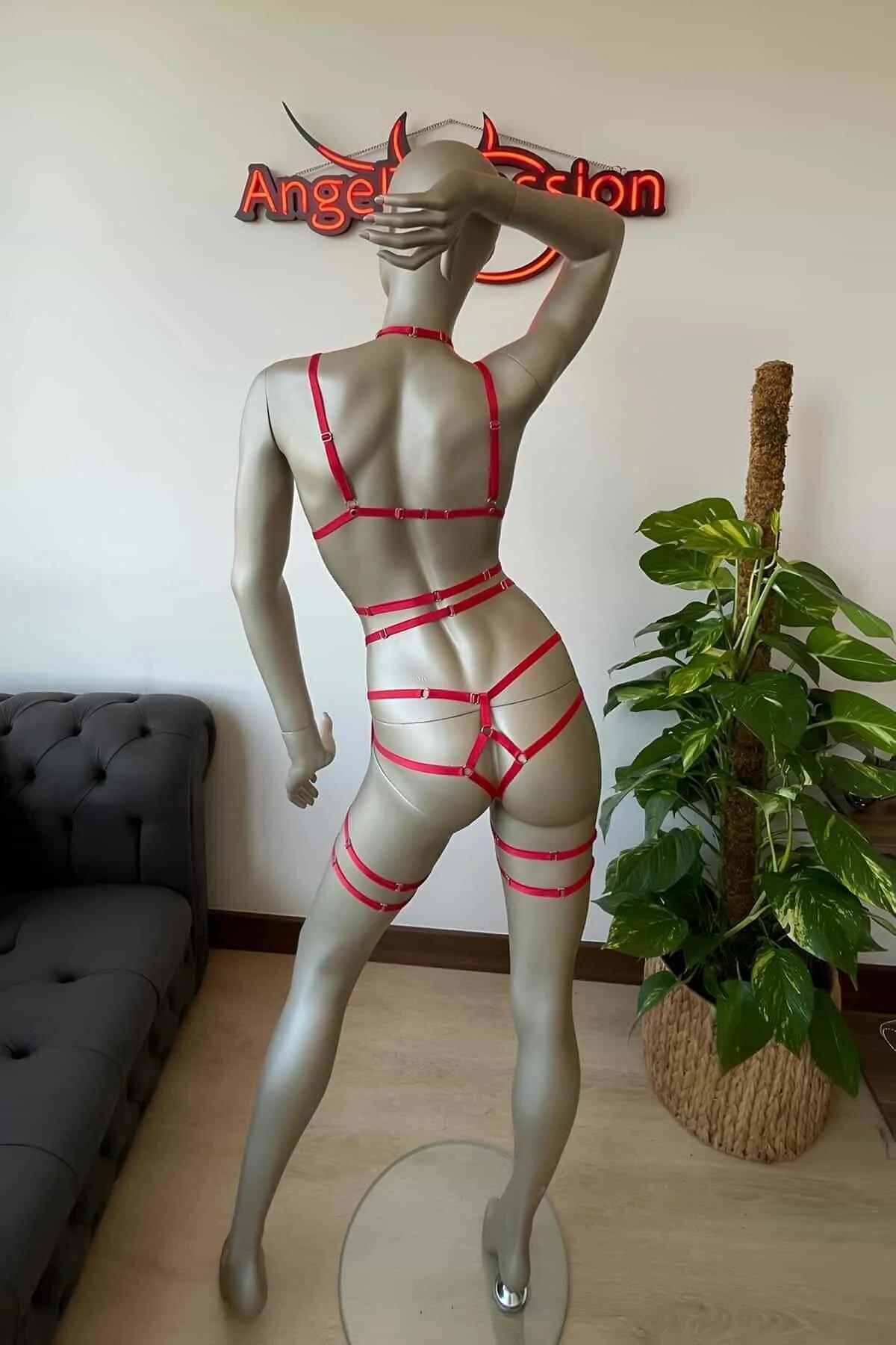 Kırmızı Lastik Seksi Body Harness Takım