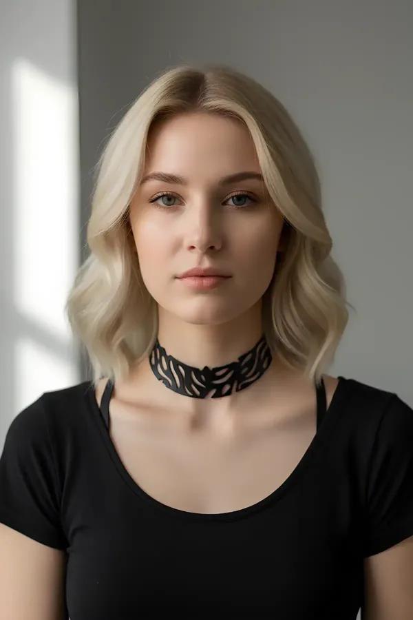 Siyah vegan deri lazer kesim yaprak motifli choker, mat yüzey geniş bant, boyunda giyimli