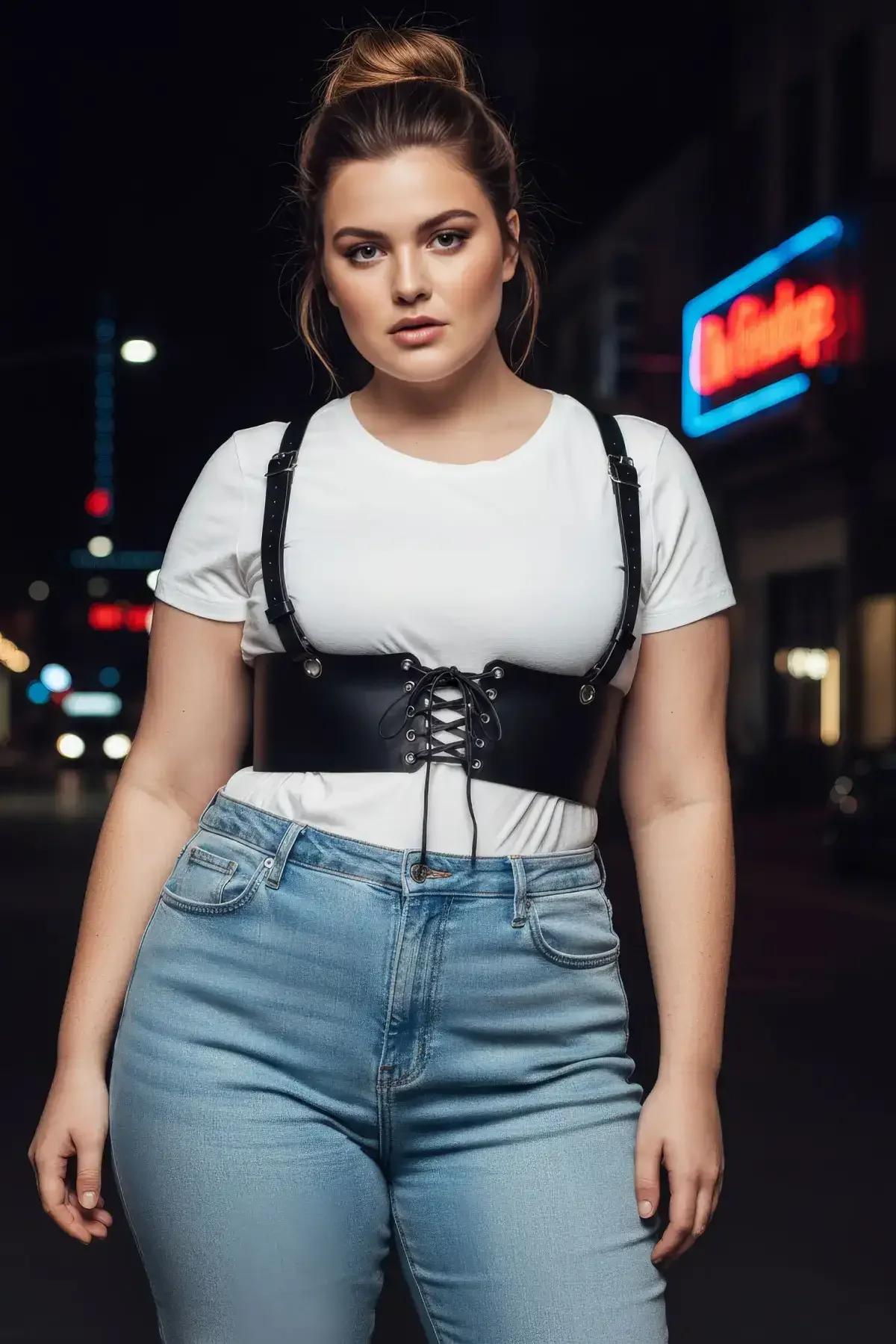 Metal perçin detaylı siyah PU göğüs altı korse harness ön bağcık kapatma