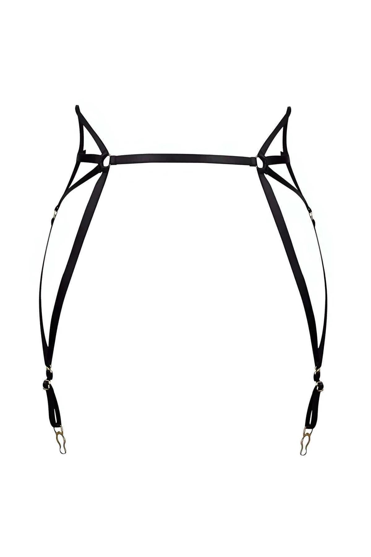 Siyah elastik lastik jartiyer harness geometrik çapraz strap ve altın kaplama metal klipsler