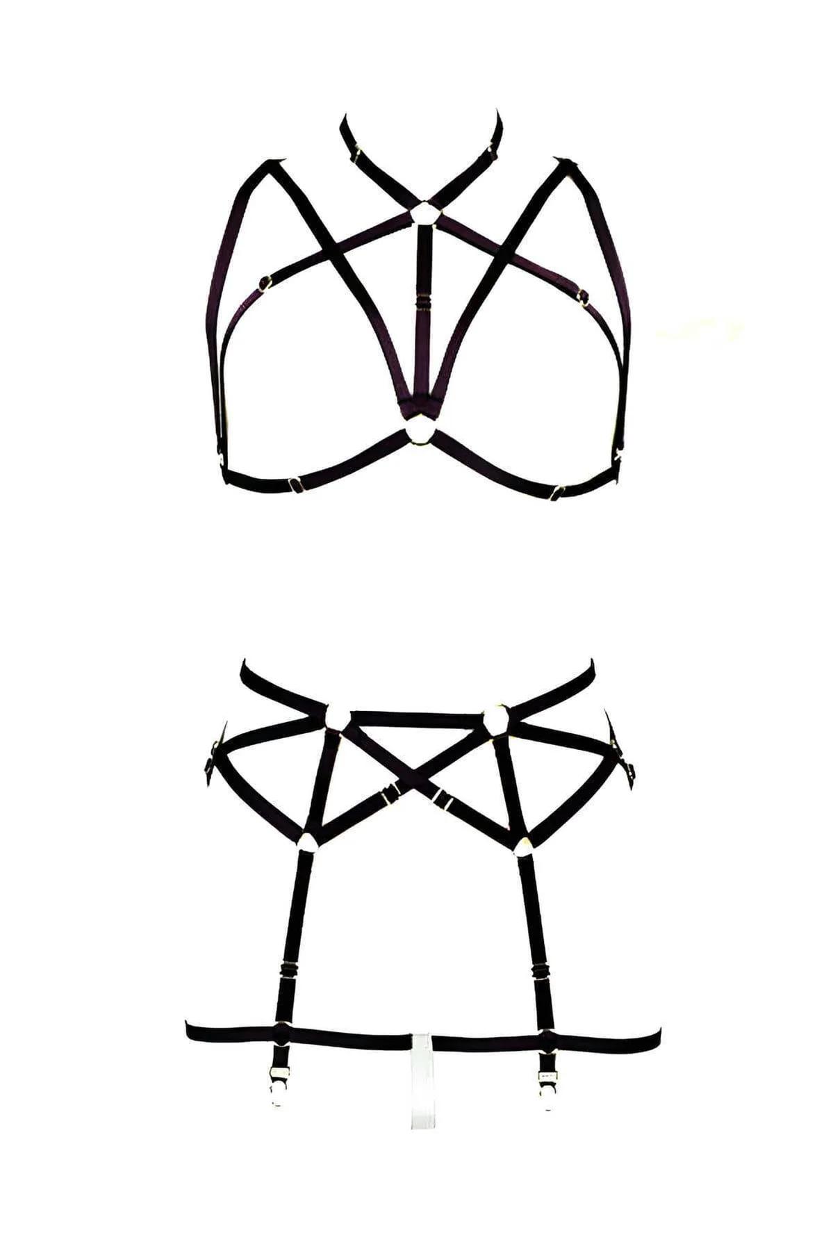 iki gümüş O-halka ve çapraz elastik askı geometrisi gösteren mor pentagram harness sütyen yakın çekim