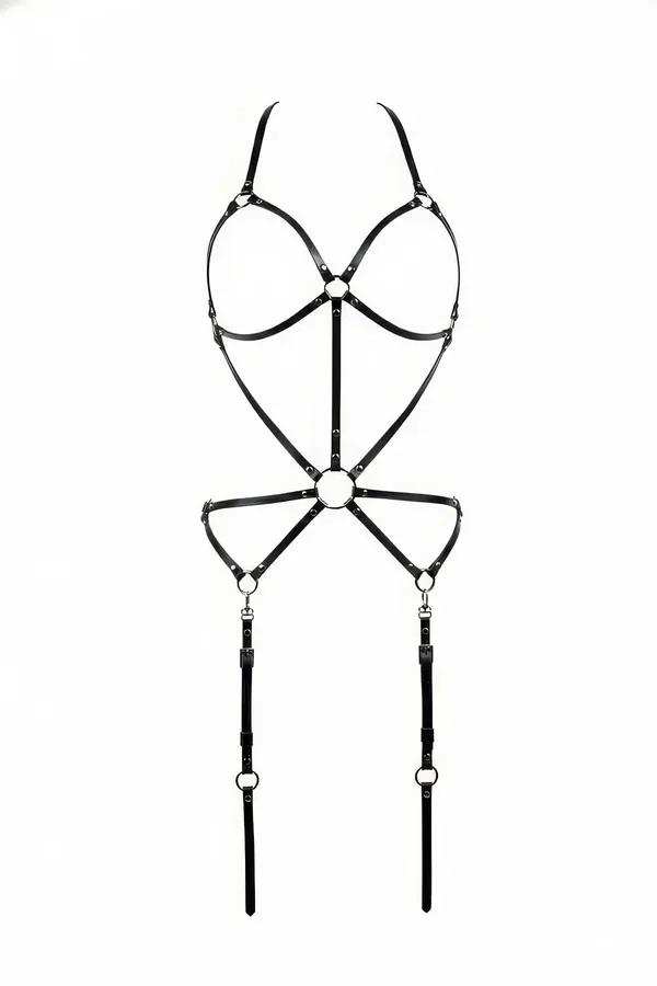 gümüş donanım ve ayarlanabilir bacak jartiyer askılı siyah suni deri O-halka askılı tam vücut harness