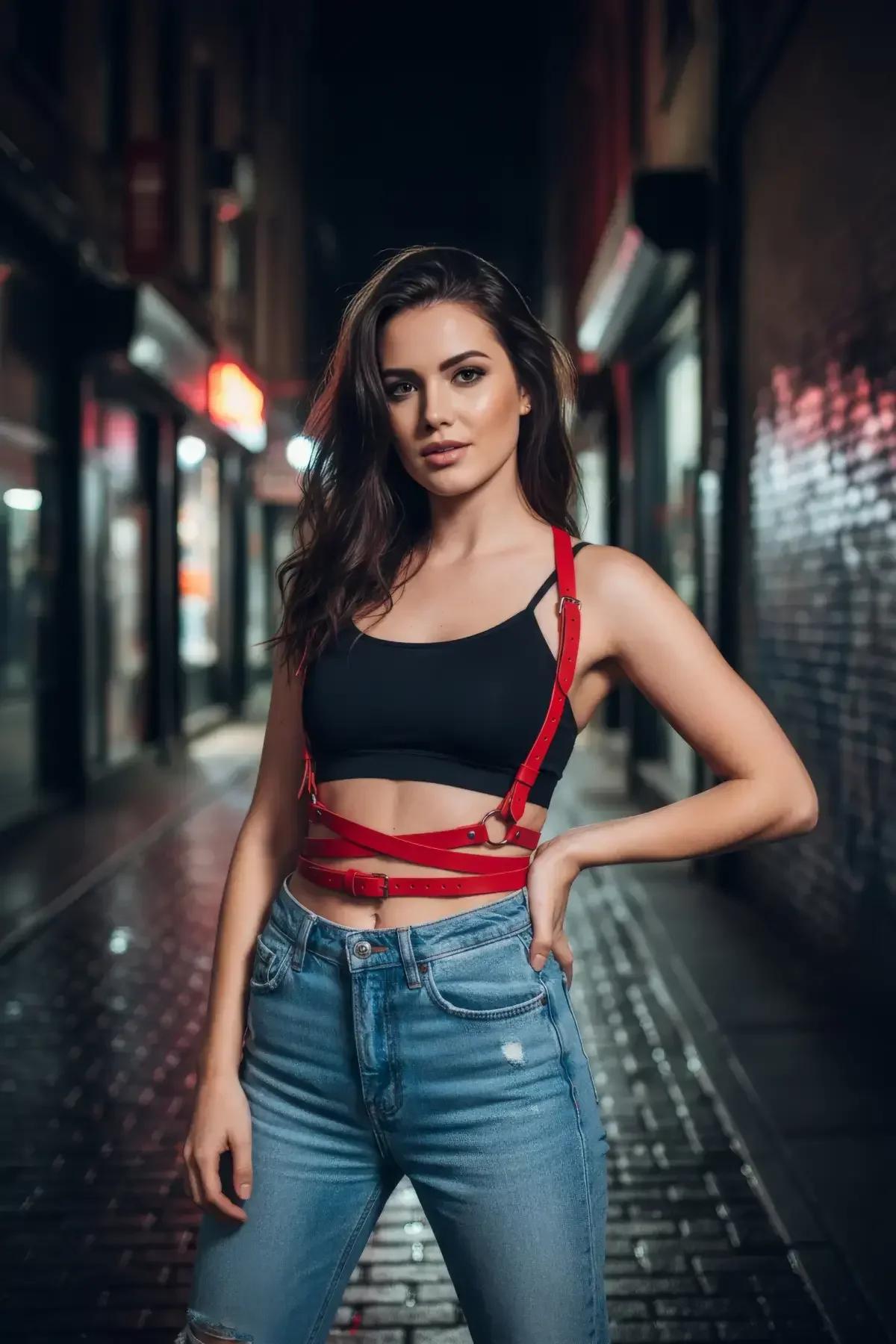 underbust kafes harness kırmızı bel sarmaları toka kapama ön görünüm yakın çekim