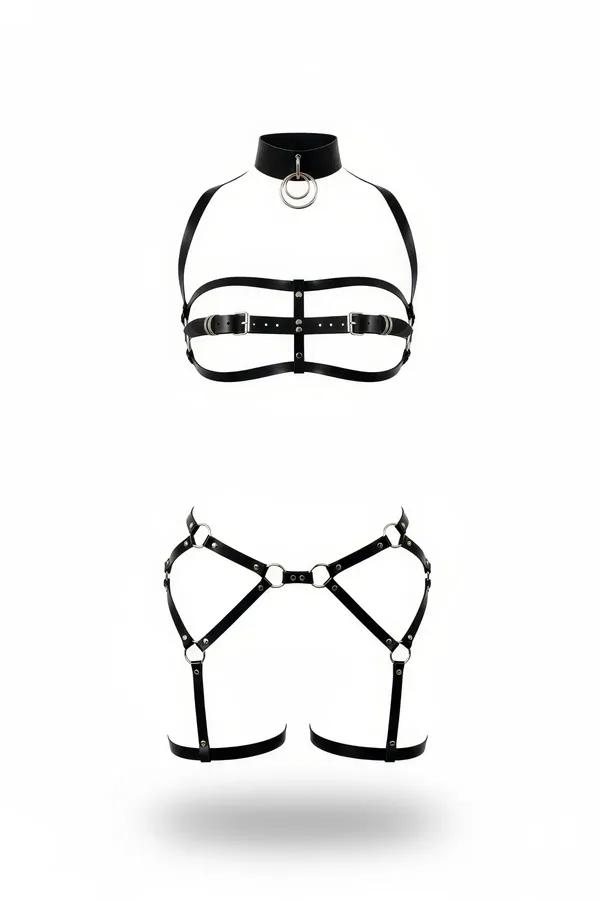 Siyah suni deri iki parçalı vücut harness seti, çoker boyunluk, gümüş O-halkalar, göğüs askıları ve X-çapraz kalça jartiyer