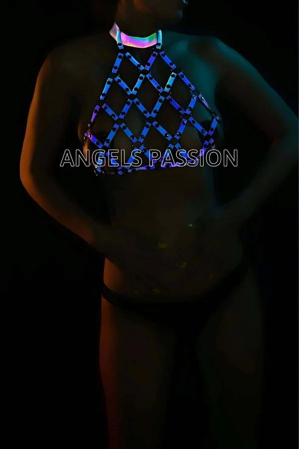 Reflektörlü Holografik Büstiyer Dansçı Kıyafeti Yüksek Yaka