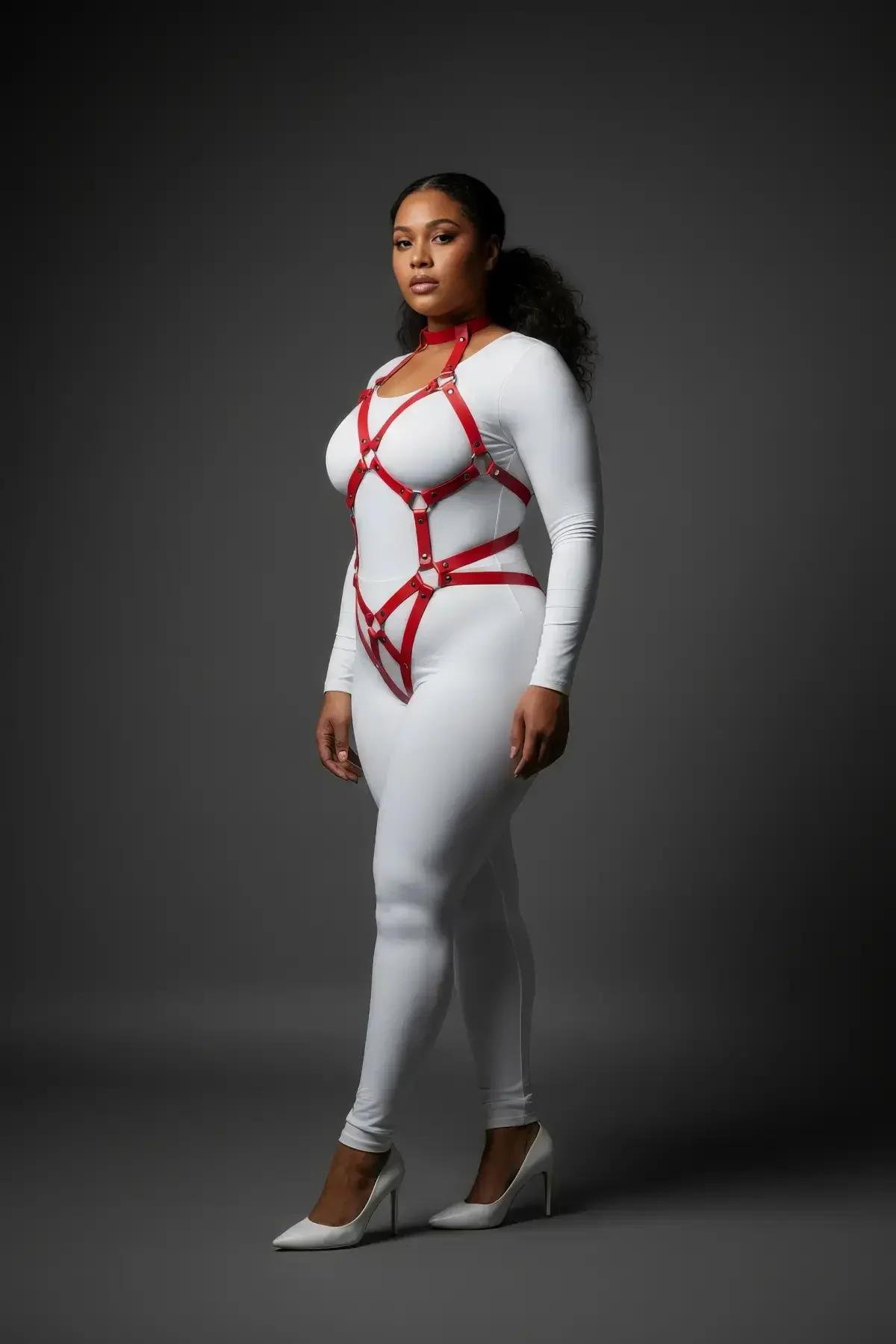 Beyaz body üzerine layered tam vücut harness, geometrik göğüs kafesi ve uyluk halkası yerleşimini gösteriyor