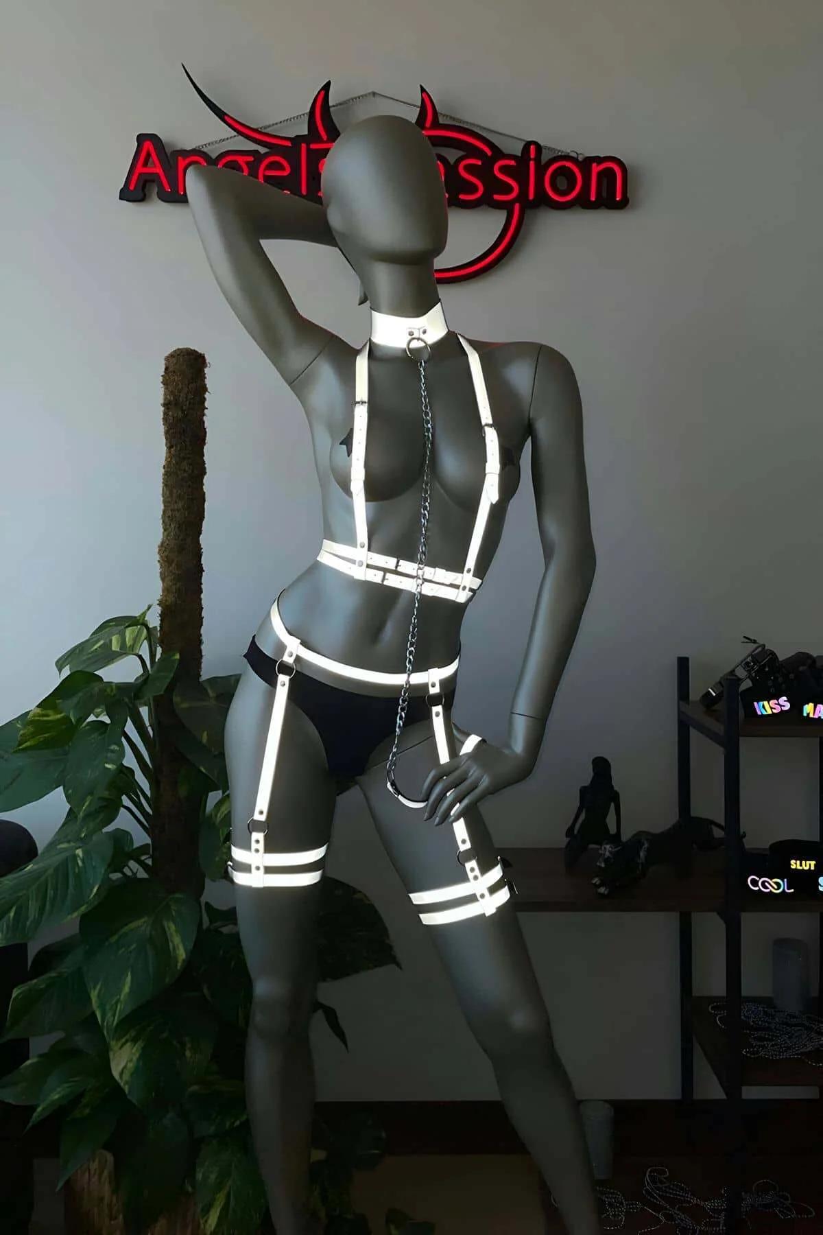 Boyunluk parçası, bel bandı, jartiyerler ve uyluk manşetlerini gösteren dört parça reflektör harness setinin düz yerleşimi