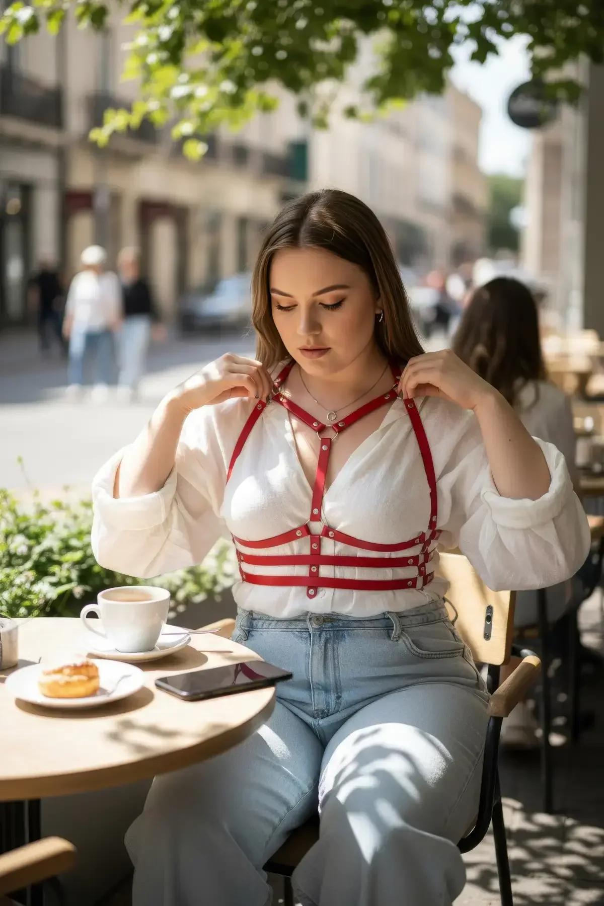 overbust kafes harness üzerinde altın tonlu zımba donanımı ve 1.2 cm genişliğinde kırmızı suni deri askılar yakın çekim
