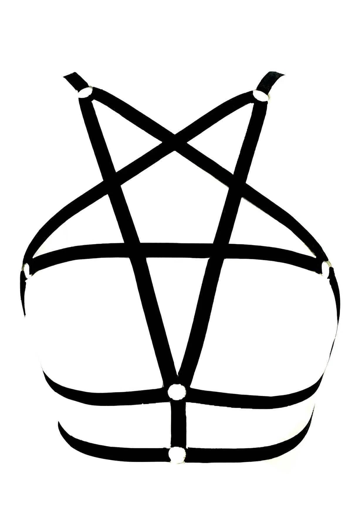 Siyah elastik pentagram harness omuz askısında gümüş O-halka donanımı yakın çekim