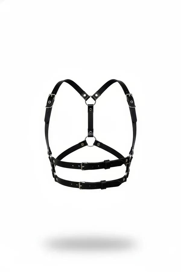 Çift O-halkalı ve gümüş dikdörtgen toka bel bandlı siyah suni deri çift askılı göğüs harness, beyaz arka plan