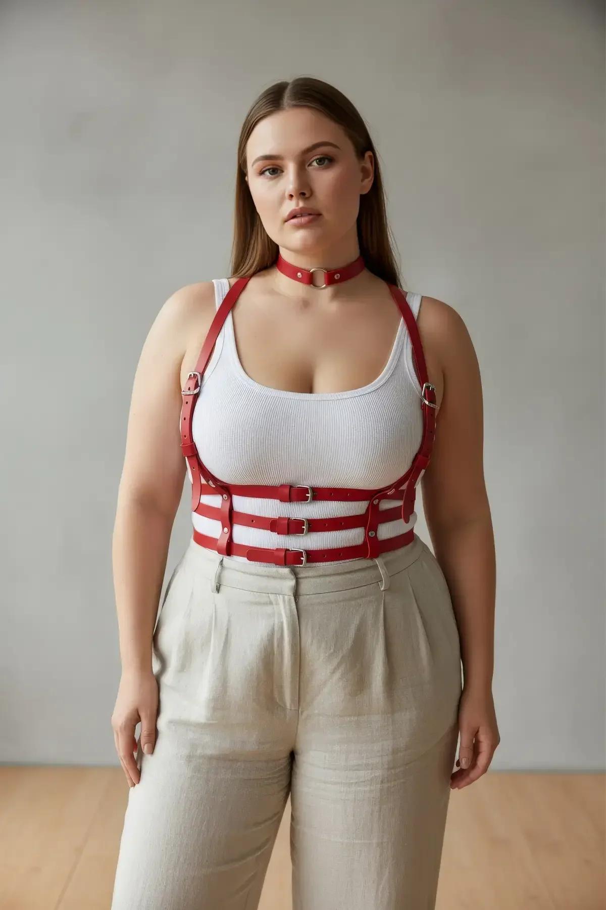 underbust harness setinden gümüş O-halka detaylı eşleşen kırmızı suni deri çoker