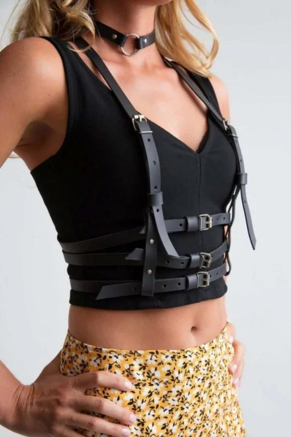 Ayarlanabilir Siyah O-Halka Choker ve 3 Sıra Harness Kemer Seti