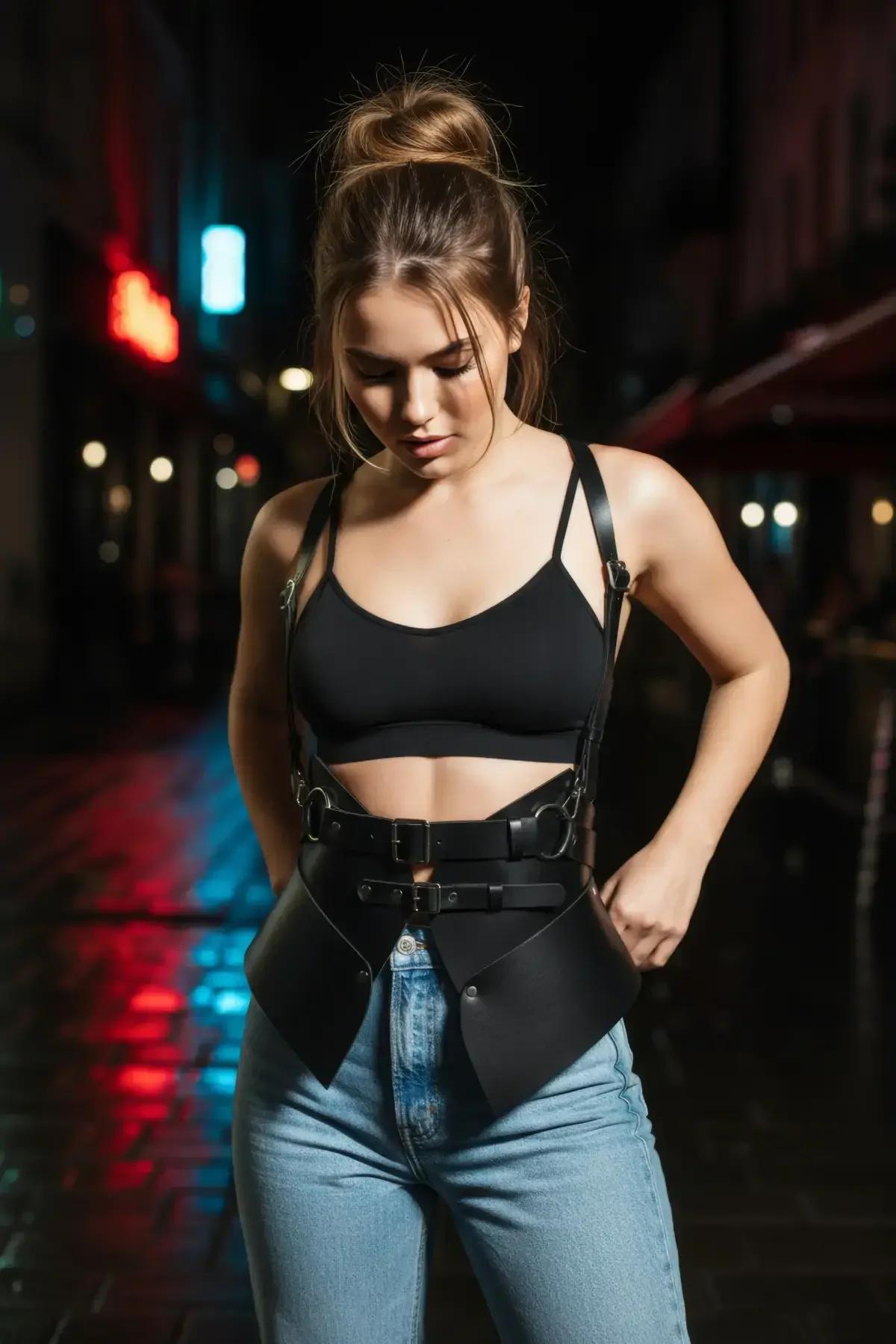 ayarlanabilir askı ve bel bandı yapımını gösteren siyah peplum altgöğüs harness arka görünümü