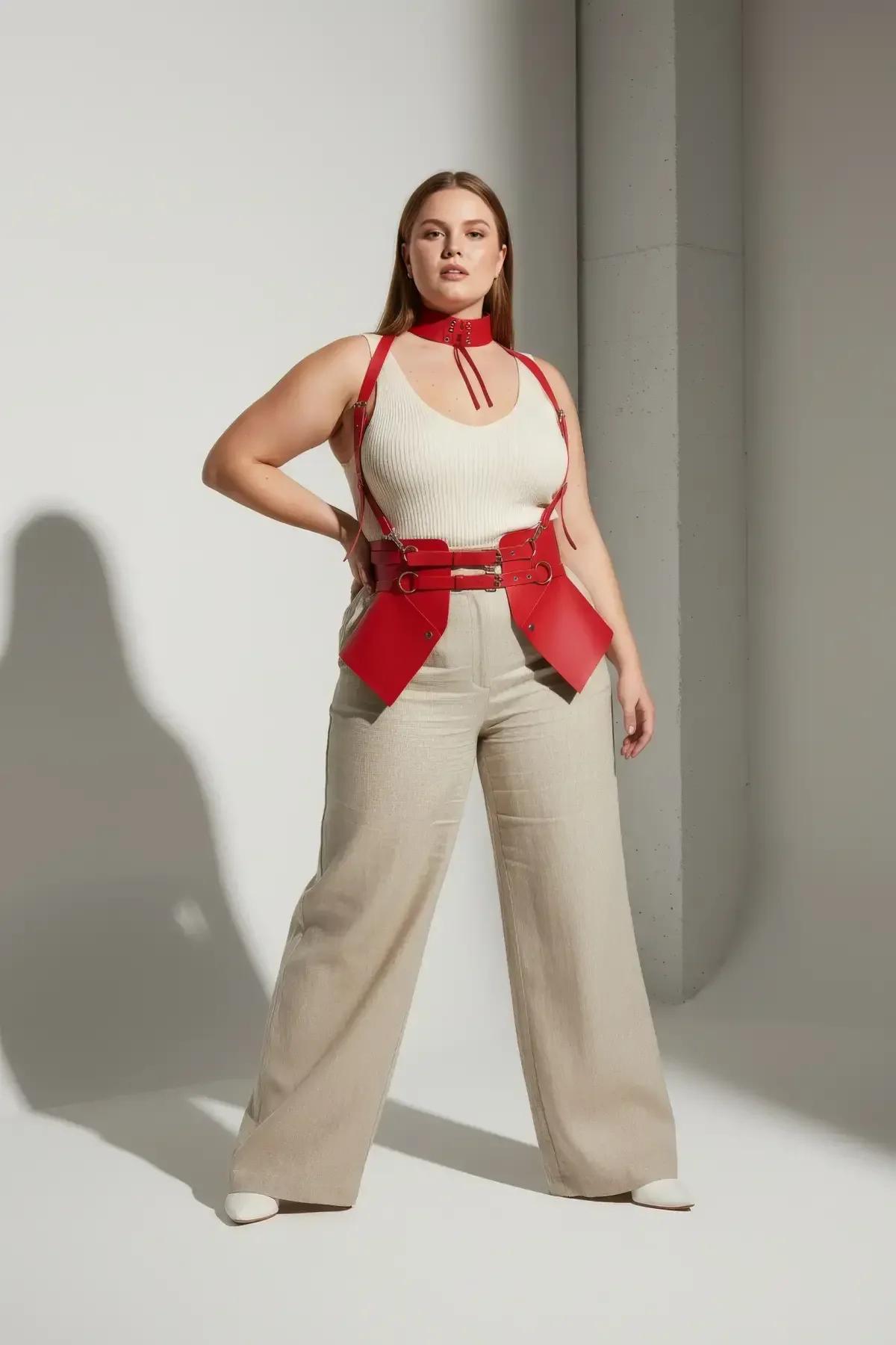 kırmızı kafes vücut harness festival ve lingerie çok katmanlı görünüm