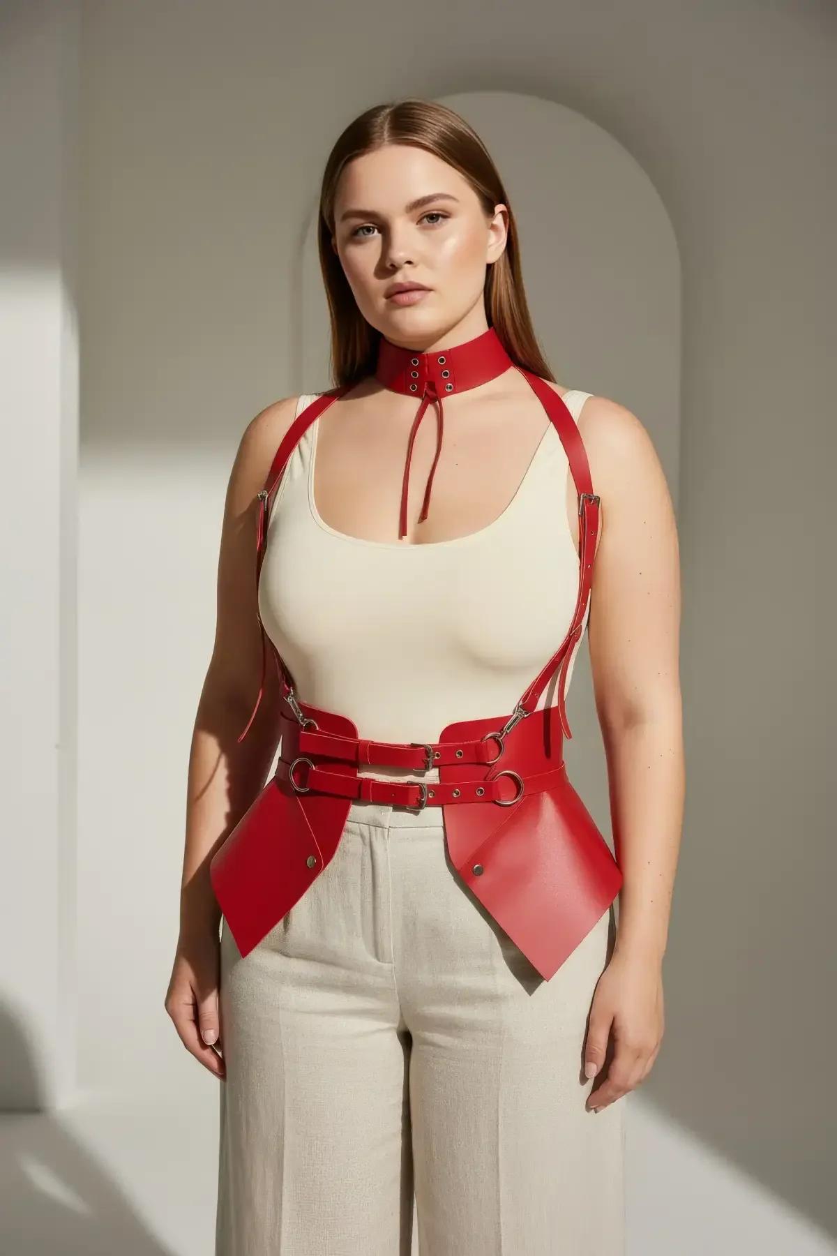 kırmızı kafes vücut harness panel festival kombini