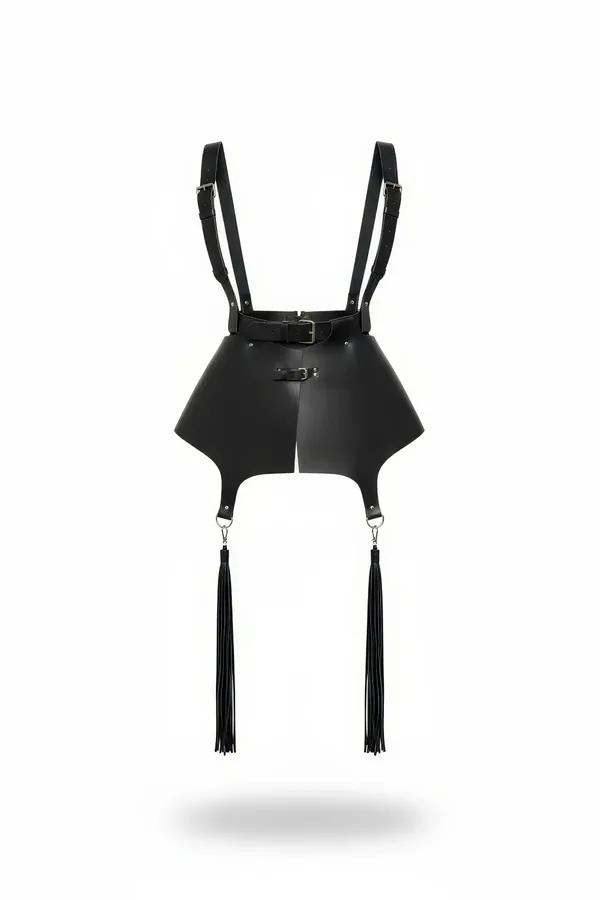 A-line yapılandırılmış paneller, ayarlanabilir gümüş toka omuz askıları ve uzun siyah püsküllü siyah suni deri etek stili harness