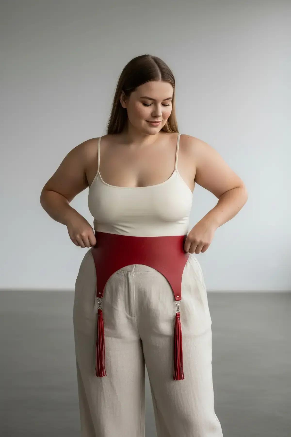 bel harness üzerinde gümüş ıstakoz kancası aksesuara klipslenmiş yaklaşık 12 cm uzunluğunda çıkarılabilir kırmızı vegan deri püsküller