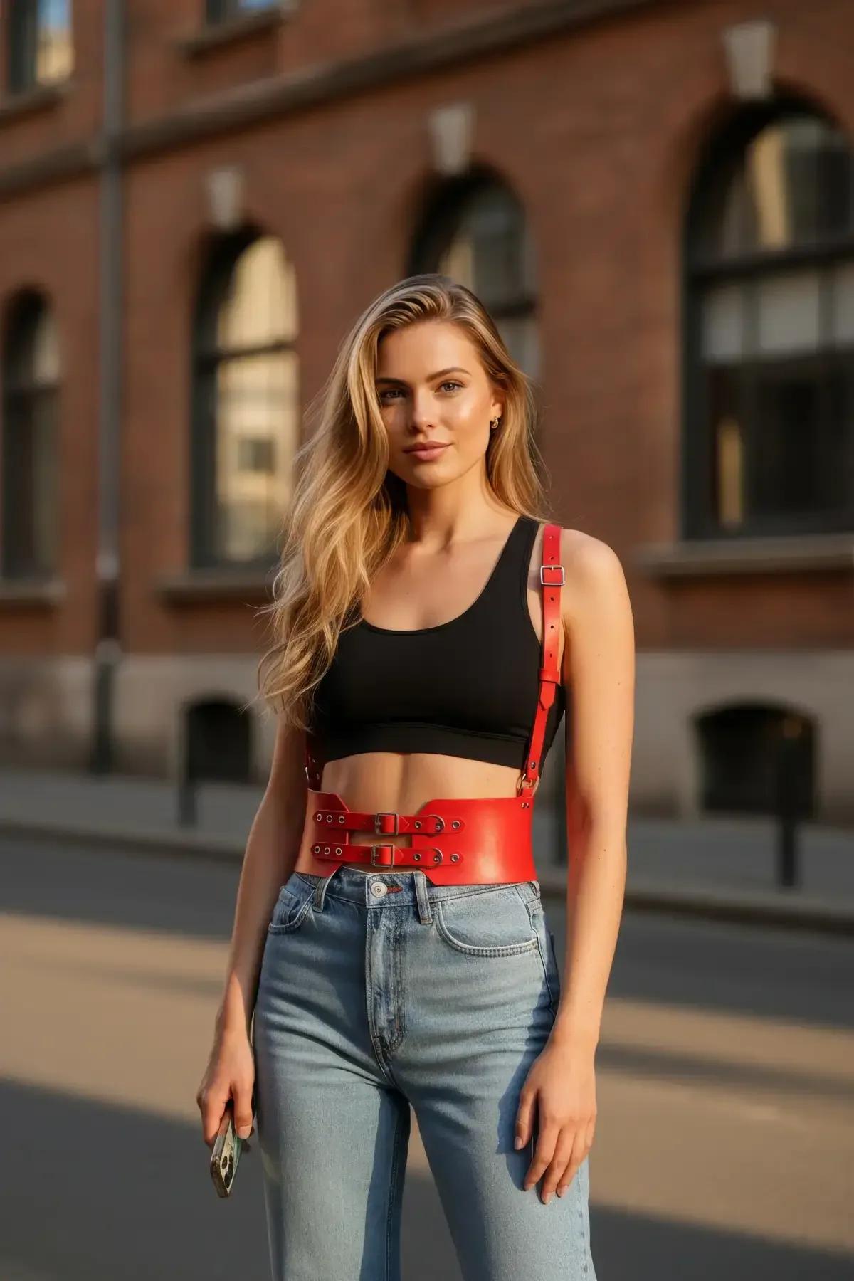Kırmızı suni deri geniş bel harness, çift altın toka ve ayarlanabilir omuz askıları, siyah crop top üzerinde