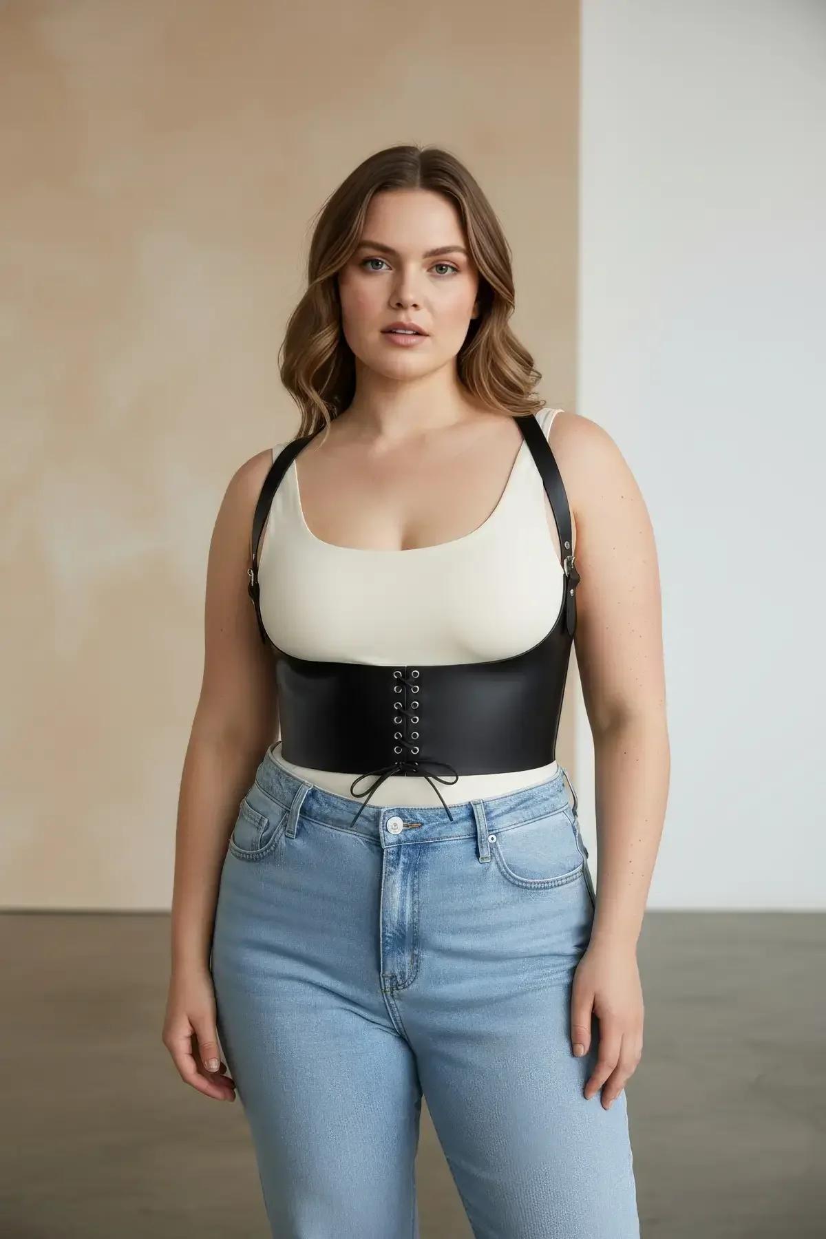 Korse harness'teki metal ilikli ve bağcık detaylı siyah suni deri bel bandının yakın çekimi
