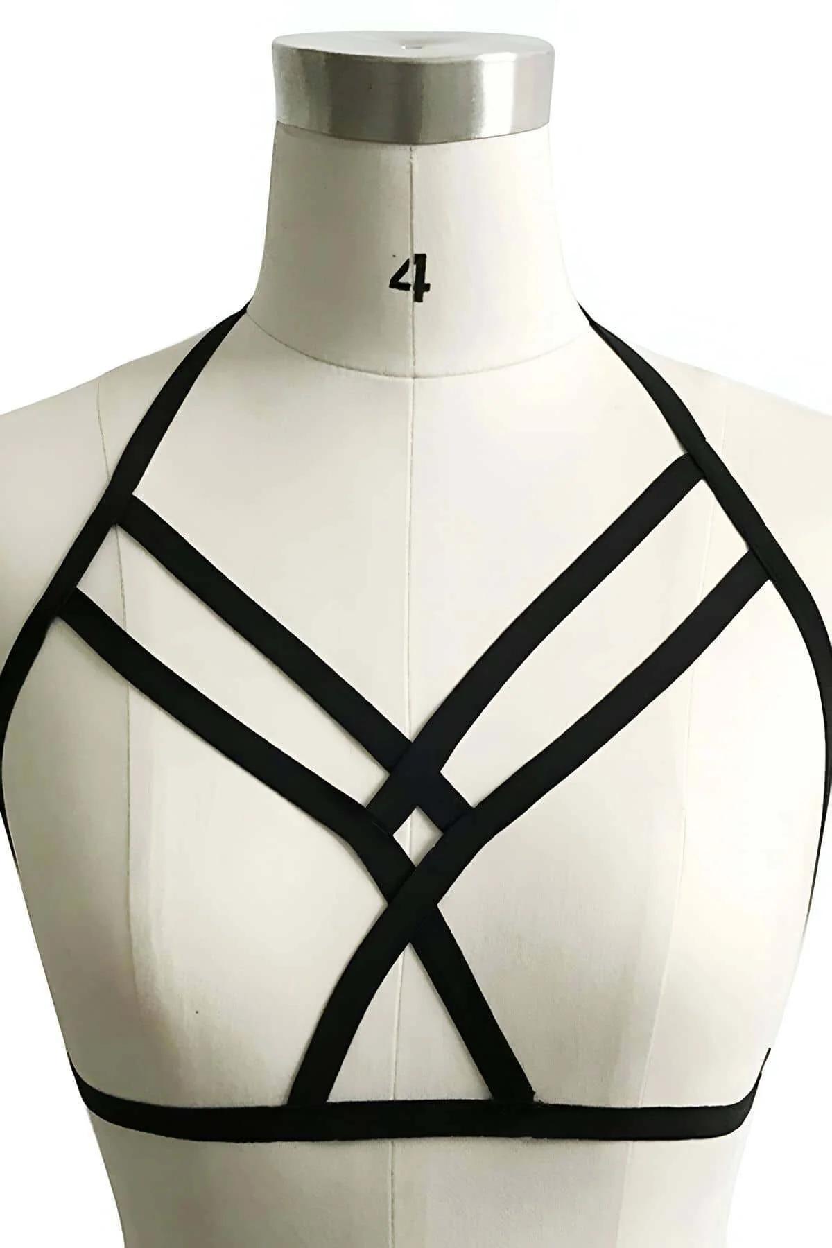 siyah lastik harness X kafes desen göğüs üzerinde yan görünüm