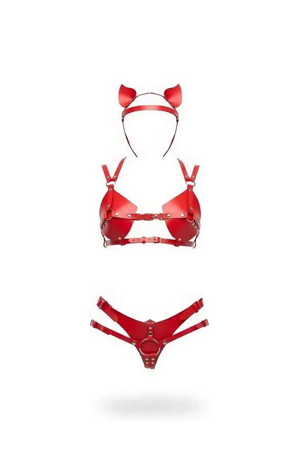 Kırmızı suni deri harness bralette külot ve kedi kulaklı bant 3 parçalı set, altın O-halka donanım