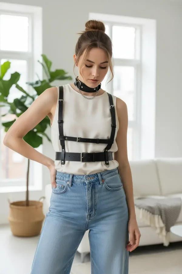 Gümüş donanımlı beyaz üst ve mavi kot üzerine giyilen entegre çokerli siyah suni deri çift tokalı bel harness
