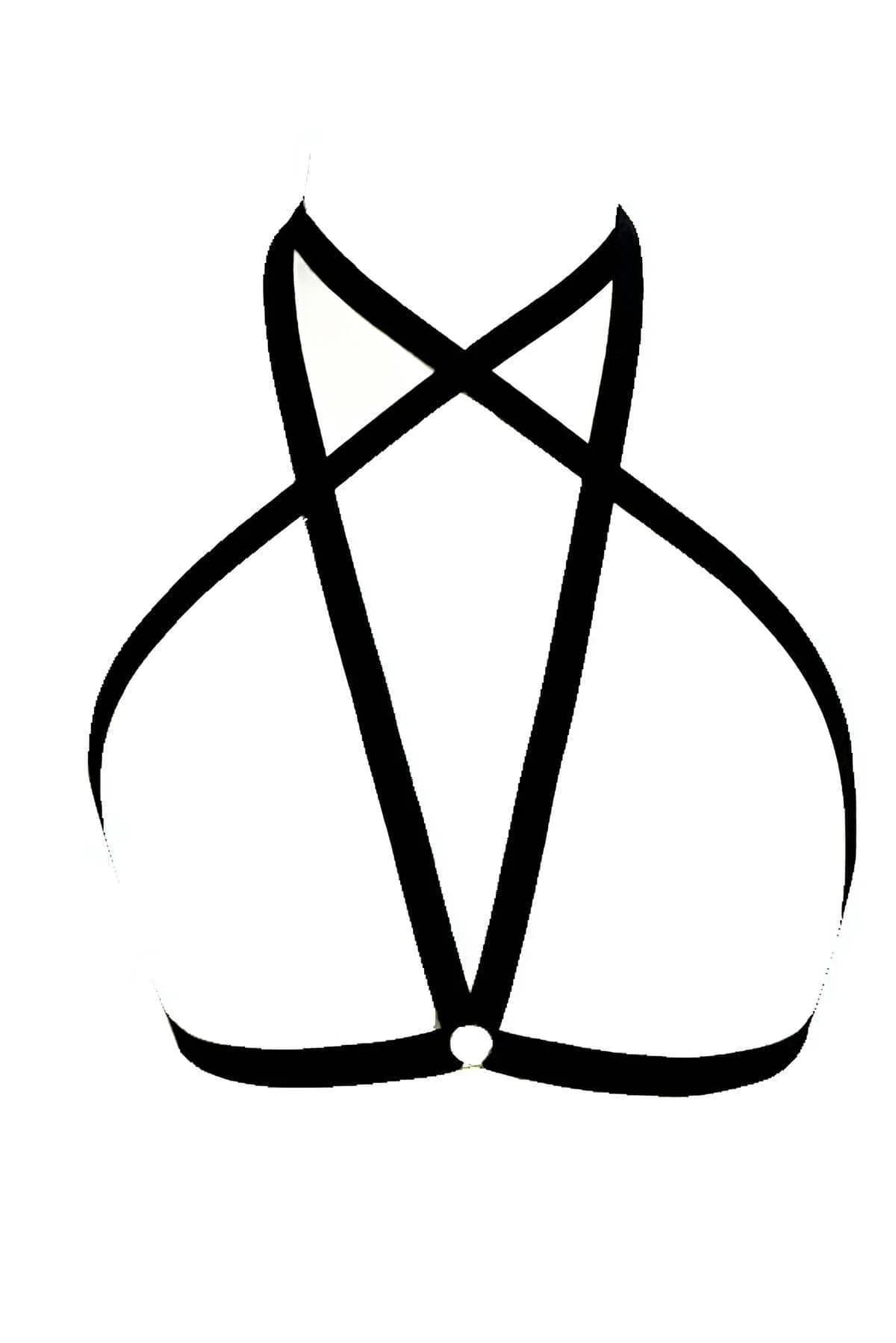 1,5 cm genişliğinde siyah lastik bant harness vücut üzerinde simetrik X deseni