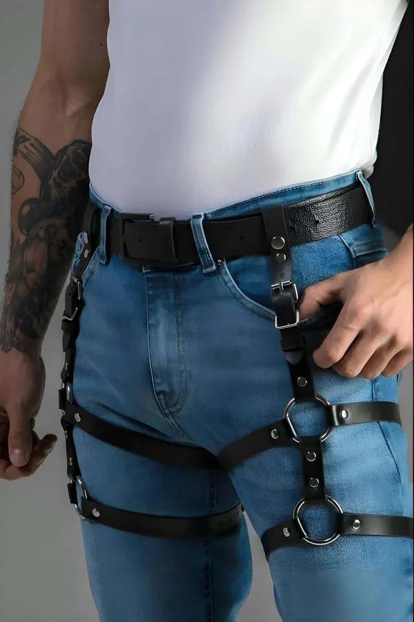 siyah vegan deri erkek bel ve uyluk harness seti gümüş O-halka denim üstüne giyim