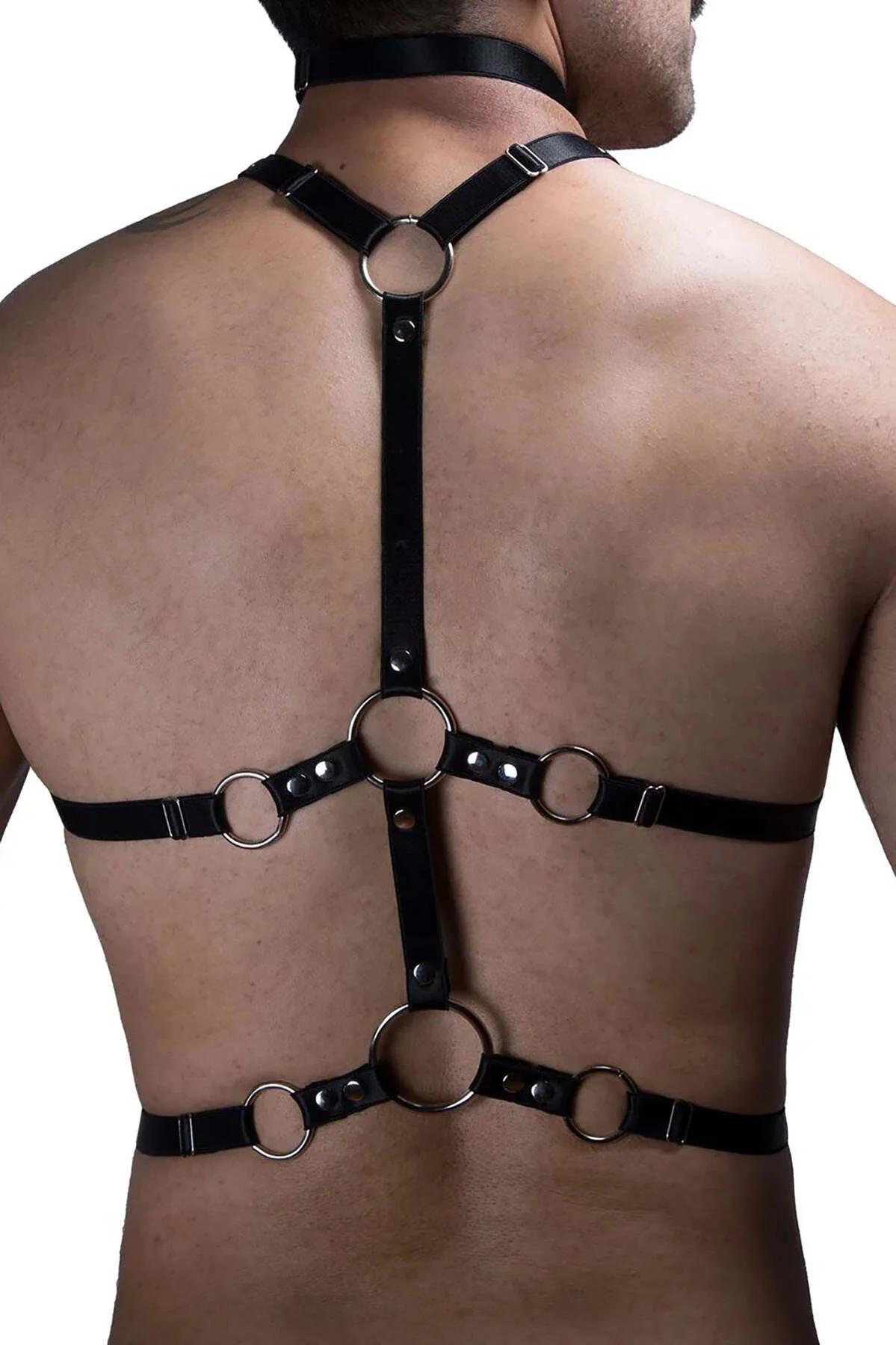siyah vegan deri harness erkek yan açı bel bandı ve büyük O-halkalar