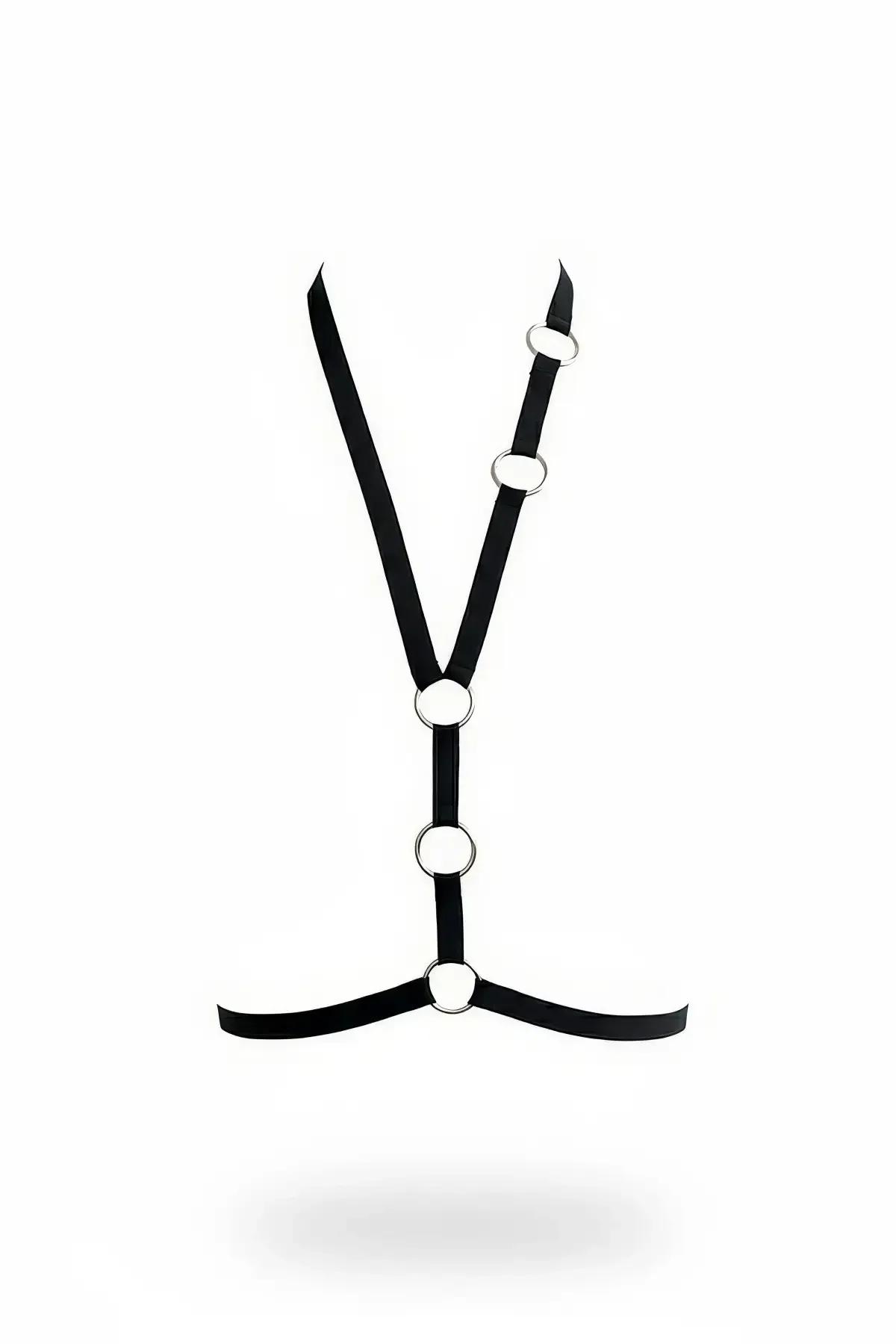 halka detaylı siyah elastik vücut aksesuarı harness gümüş metal halka Y-kesim minimalist tasarım