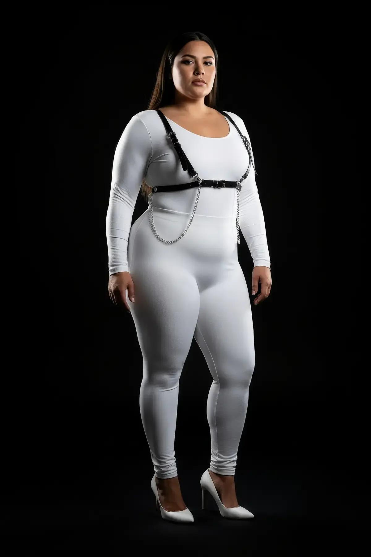 Beyaz bodysuit üzerinde çıkarılabilir gümüş bel zincirli siyah suni deri ayarlanabilir göğüs harness