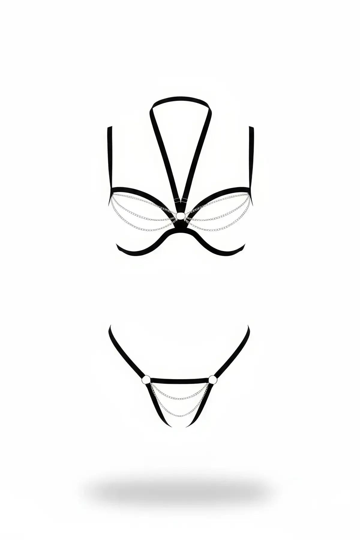 Boyundan bağlı bralet ve eşleşen tanga üzerinde üçlü sarkıt gümüş zincir ve O-halkalı siyah suni deri iki parça harness seti