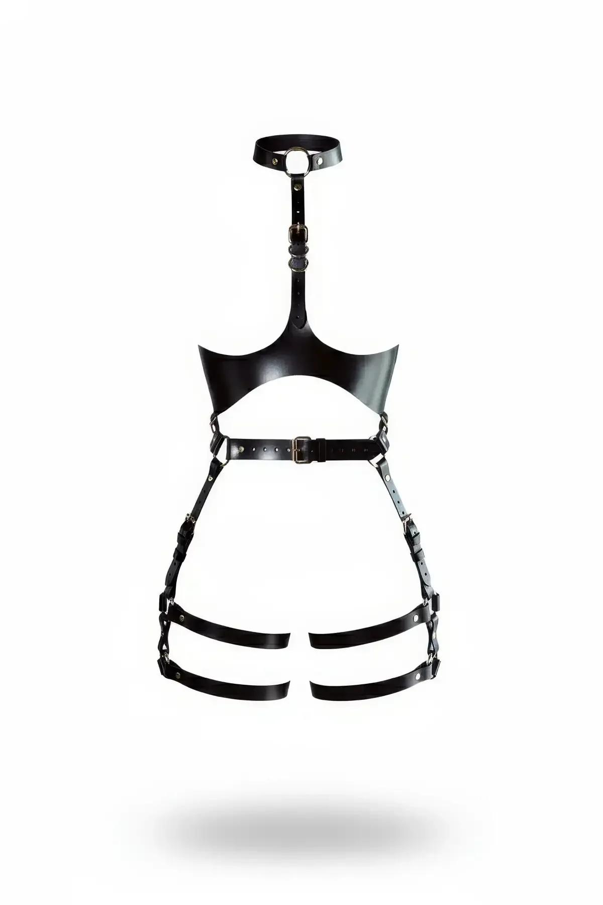 Siyah suni deri alt bant harness - halter yaka O-halka ve çift uyluk jartiyer, antik pirinç toka