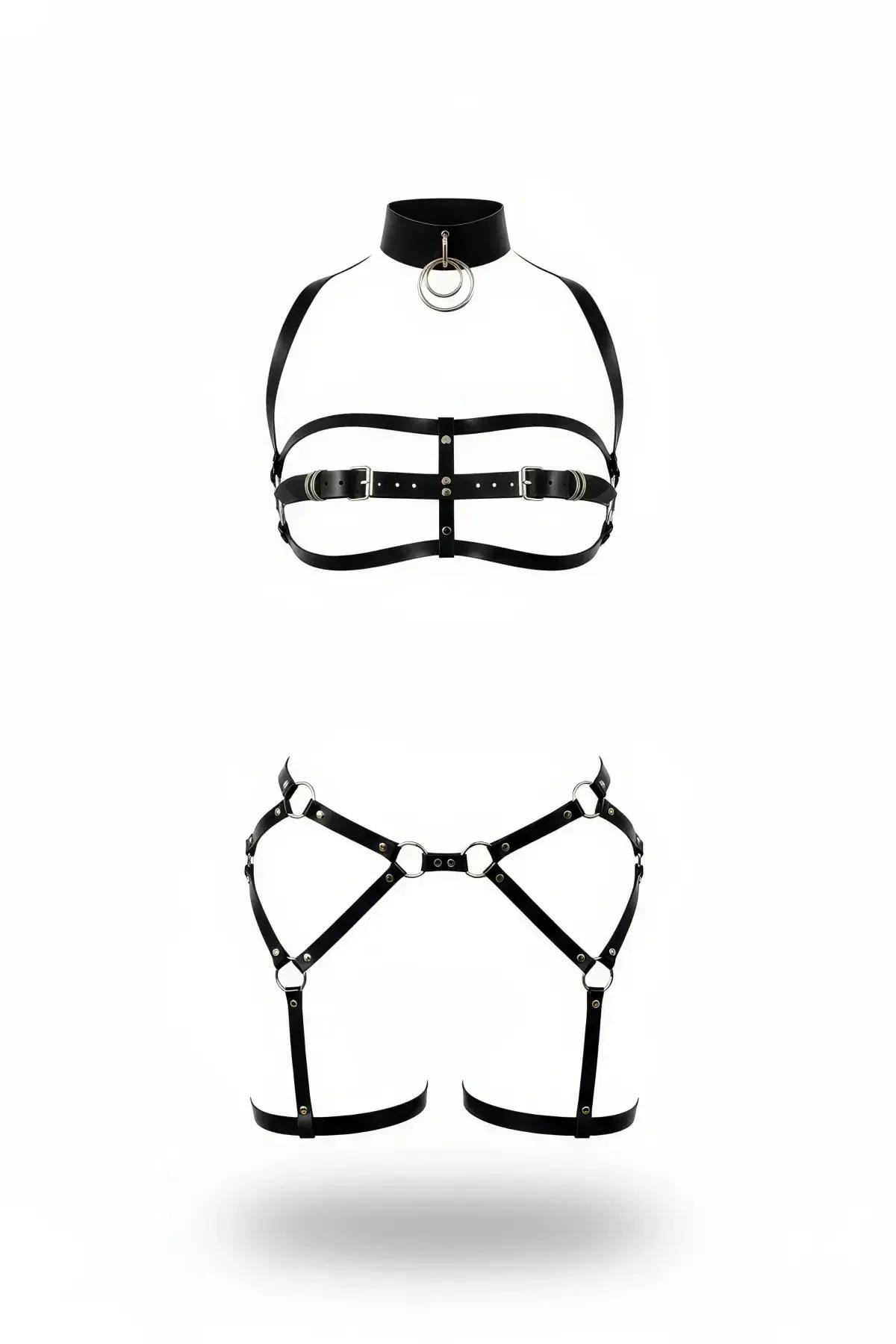 Siyah suni deri iki parçalı vücut harness seti, çoker boyunluk, gümüş O-halkalar, göğüs askıları ve X-çapraz kalça jartiyer