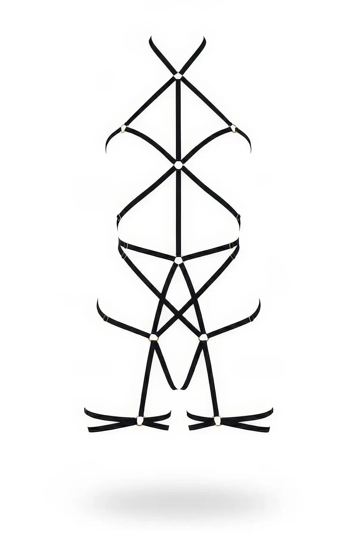 Siyah elastik kafes vücut harness, gümüş O-halkalar geometrik askı deseni göğüsten uyluğa
