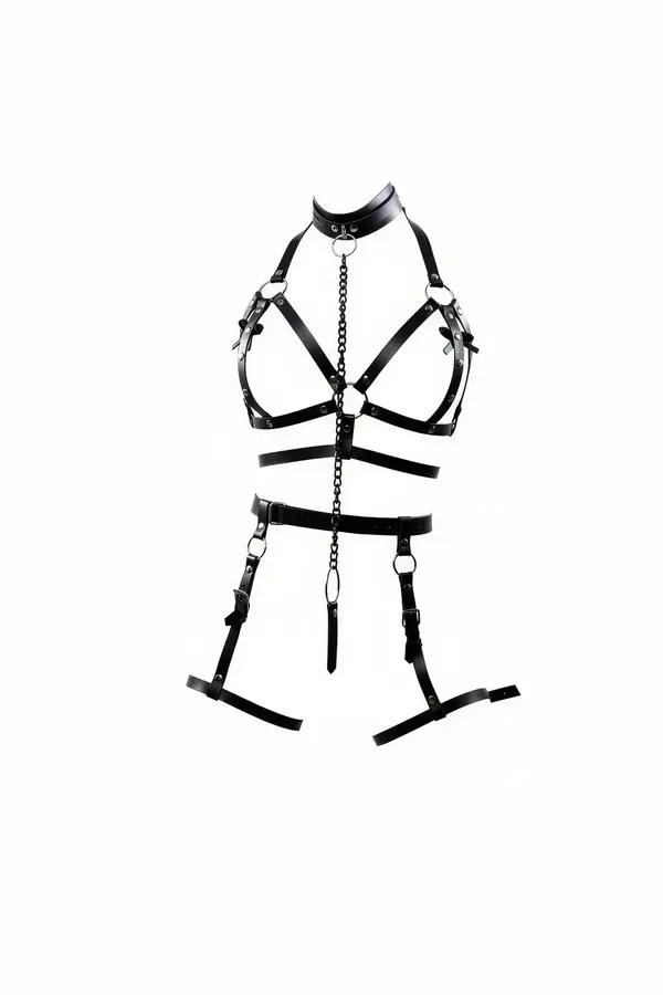 Yüksek yakalı gümüş zincir O-halkalar ve ayarlanabilir jartiyer uyluk bantlı siyah suni deri tam vücut harness